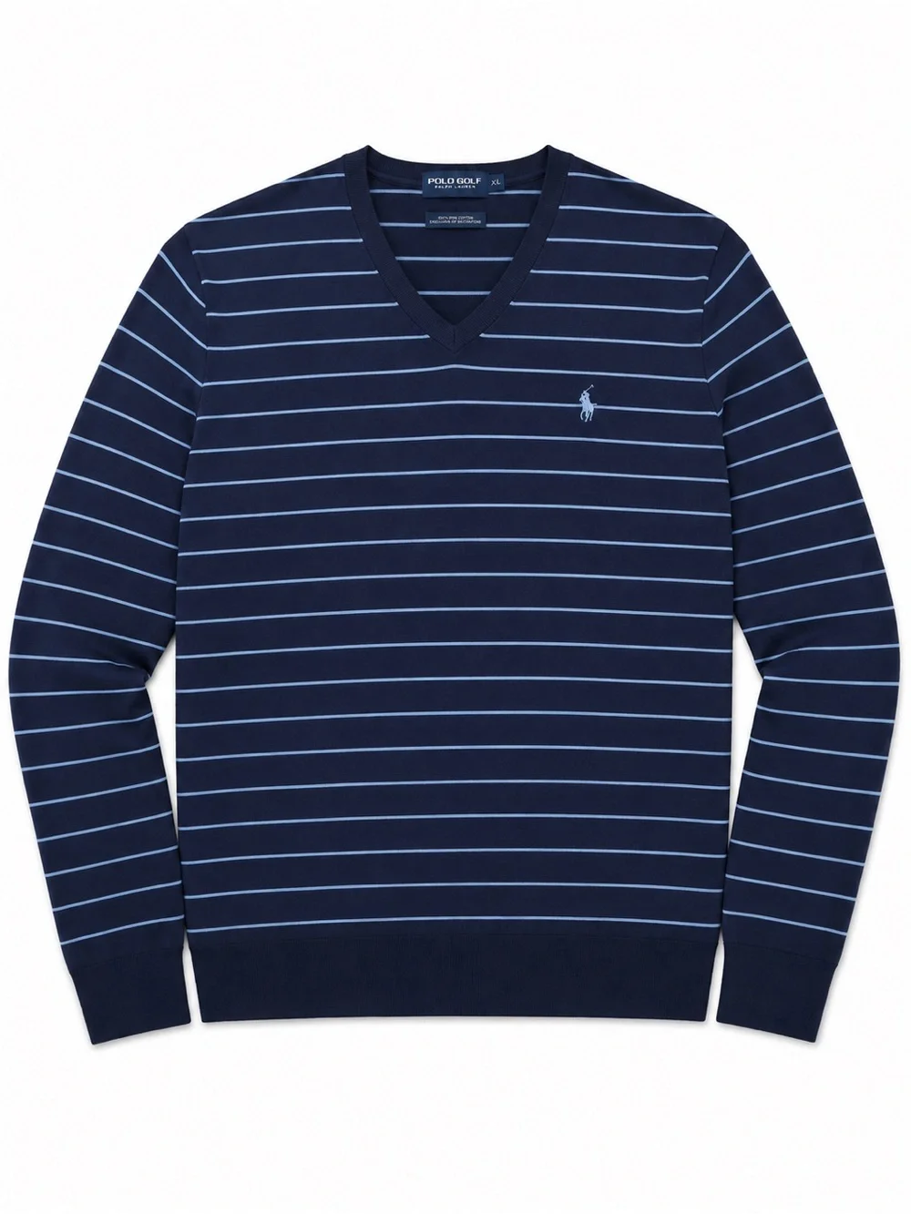 Ralph Lauren Navy V-Neck Sweater with Light Blue Stripes